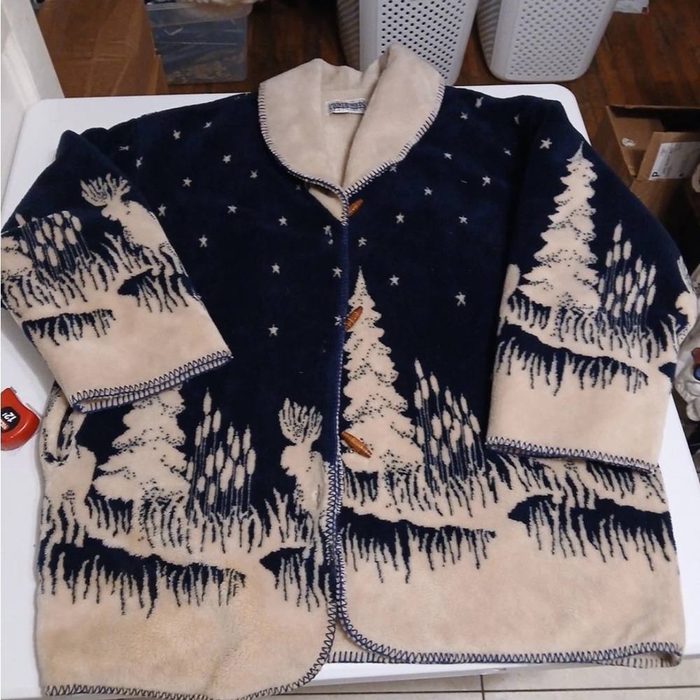 Vintage Country Woods Sherpa Coat Adult Sz 2XL Toggle Wooden Buttons Deer Trees